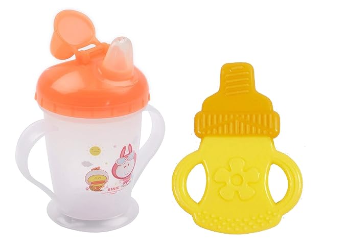 Manan Shopee BPA Free Shape Food Nibbler/Feeder/Silicon Dental Care Teether or Fruit Teether with Baby Classic Soft Spout Cup 200ml,6 Month+ (Color May Vary)