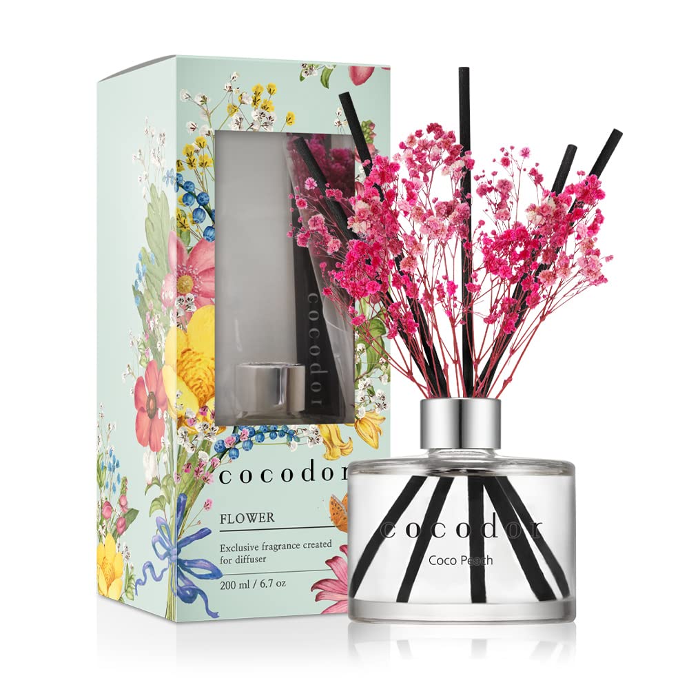 [COCODOR/Coco Peach] Flower Reed diffusers Oil with a Set of 5 Fiber Sticks, 200ml, Best for Home, Kitchen, Bathroom. Diffusers with sticks