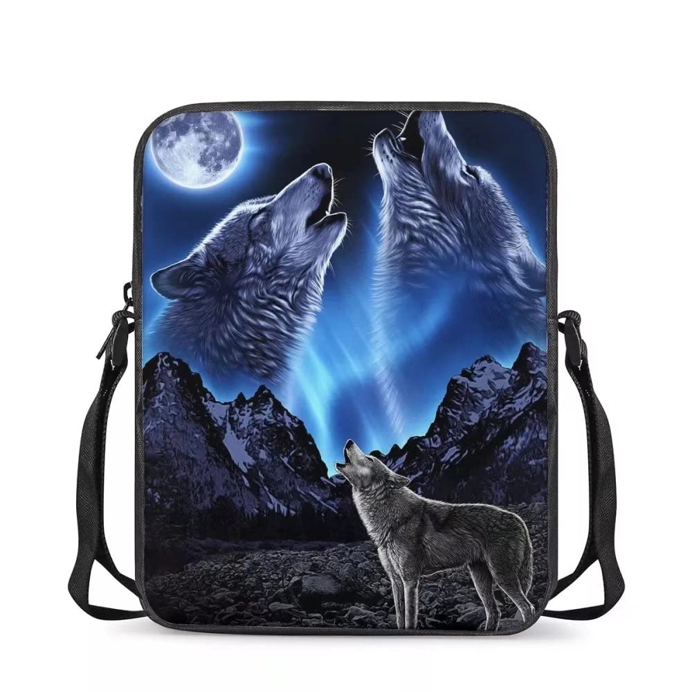 chaqlin Galaxy Blue Wolf School Bags Sling Messenger Totebags for Boys Girls,Animal Cool Mini Crossbody Bags Shoulder Handbags Wallet for Outdoor Travel Sport