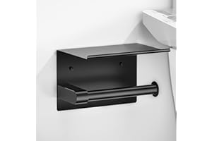 ASTOFLI Black Toilet Paper Holder with Shelf: Self Adhesive Toilet Paper Holder with Phone Shelf - No Drill Stainless Steel Toilet Paper Holders Wall Mount - Wall Mounted Tissue Roll Holder