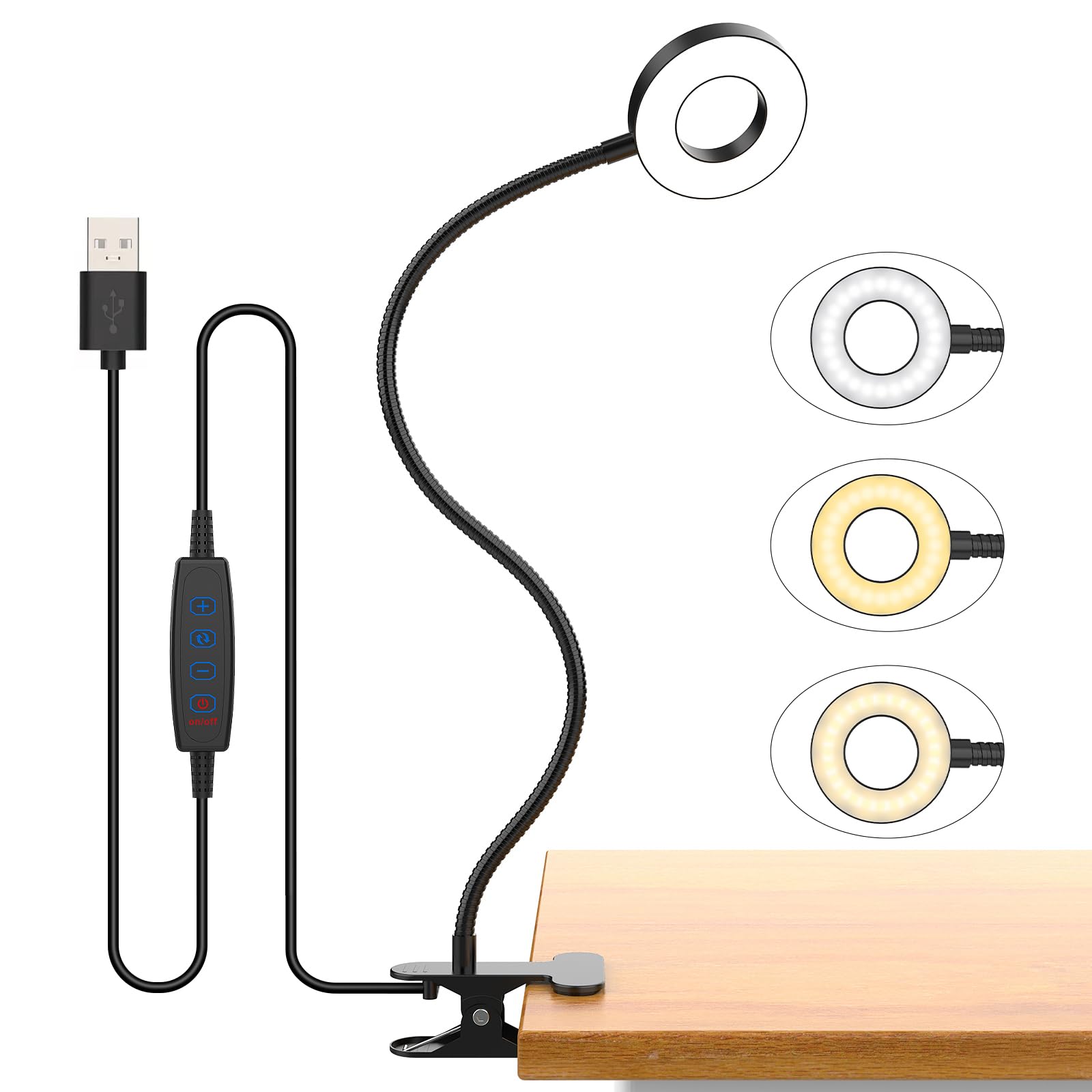 Exsight Desk Lamp Clip Light, 3 Modes 10 Dimmable Brightness USB Eye-Caring Reading Lamp, 360° Flexible Gooseneck LED Light for Painting/Reading/Working/Video Conference, Clip on Table/Headboard