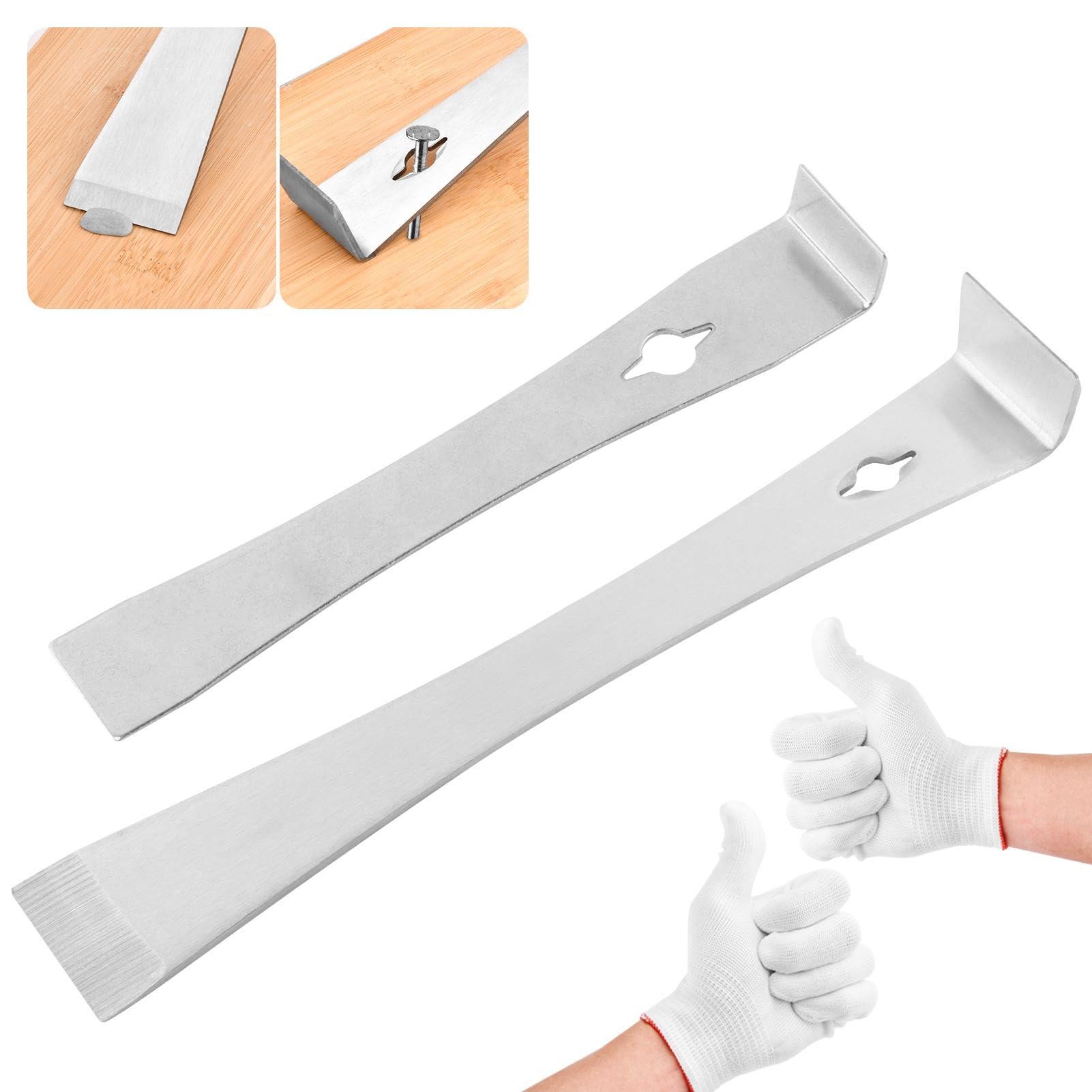 Photo 1 of 2pcs Pry Bar Scraper Set, 6.7" and 10" Trim Puller with Gloves, Stainless Steel Small Flat Pry Bar Crowbar, Nail Puller Carpentry Tools, Beekeeping Equipment(COLOR:silver)