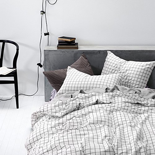 Grid Duvet Cover Set, 100% Cotton Bedding, Black Grid Geometric Modern Pattern Printed on White, with Zipper Closure (3pcs, Queen Size)