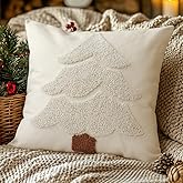 GEEORY Christmas Pillow Covers 18x18 Inch, Embroidered Xmas Tree Throw Pillows Farmhouse Winter Holiday Decor Cushion Case for Sofa & Bed Home Decorations (Beige) GX004-1-18