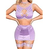 Kaei&Shi Garter Lingerie for Women, Strappy High Waisted Skirt G String 4 Piece Sexy Exotic Lingerie Outfits Set Boudoir