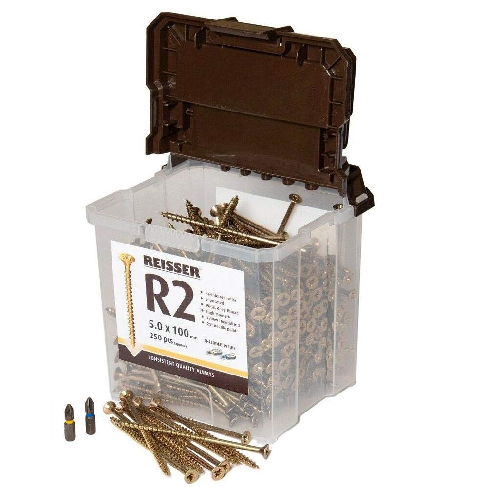 Reisser 92213525PB R2 Pozi Yellow Coated Woodscrew 2000-Pieces in Tub with 2 PZD Bits, 3.5 mm Diameter x 25 mm Length