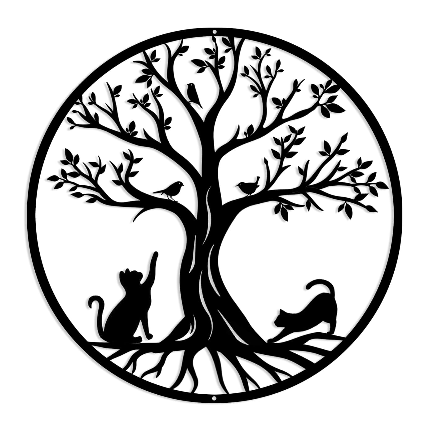 Pduoduo Black Metal Tree of Life Wall Decor Silhouette Art(with cat and bird) for Gift Present Indoor Outdoor Garden Home Decoration (19.68in)