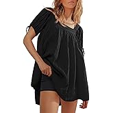 Tankaneo Womens Square Neck Babydoll Tops Summer Puff Short Sleeve Tunic Shirts Casual Loose Fit Blouse