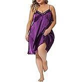 Agnes Orinda Plus Size Lingerie Satin Lace Chemise Nightgown for Women V-Neck Cami Sleeveless Dress Sleepwear