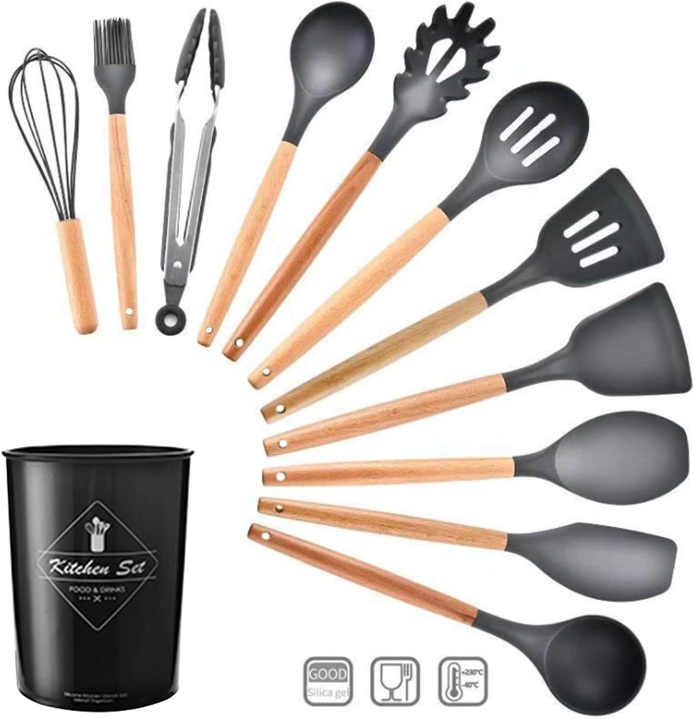 Silicone Cooking Utensil Set,esonmus 11pcs Kitchen Utensil Set with Holder and Wooden Handle,BPA Free,Non-stick,Heat Resistant Cookware Set,Black