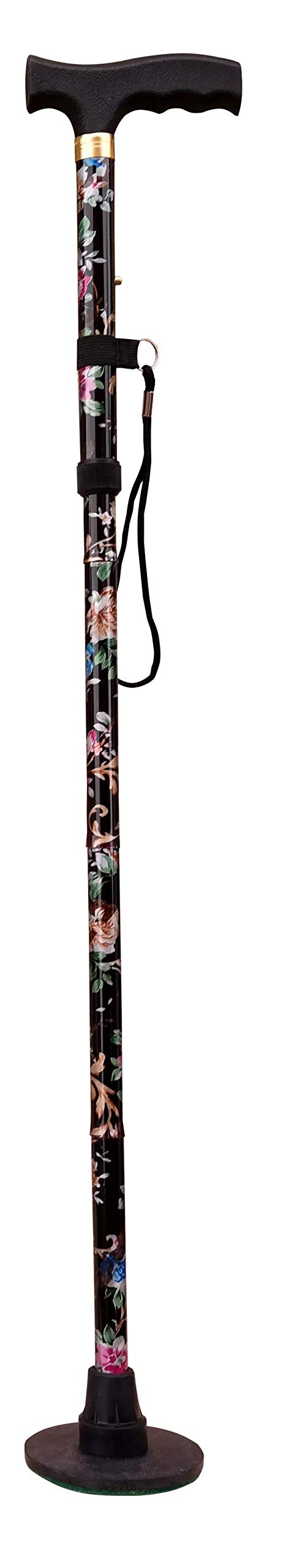 Acclaim Bowlers Adjustable 33”-37” Lawn Bowls Plain Lightweight Alloy Folding Four Piece Floral Metal Walking Stick & Green Protector With Synthetic Green Felt Base (Black Floral)
