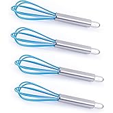 Mini Whisks 6 inch 4Pcs silica gel stainless steel Whisk, Hand Egg Mixer for Flour Cake Egg, Kitchen Cooking Baking Use Whisk (blue)