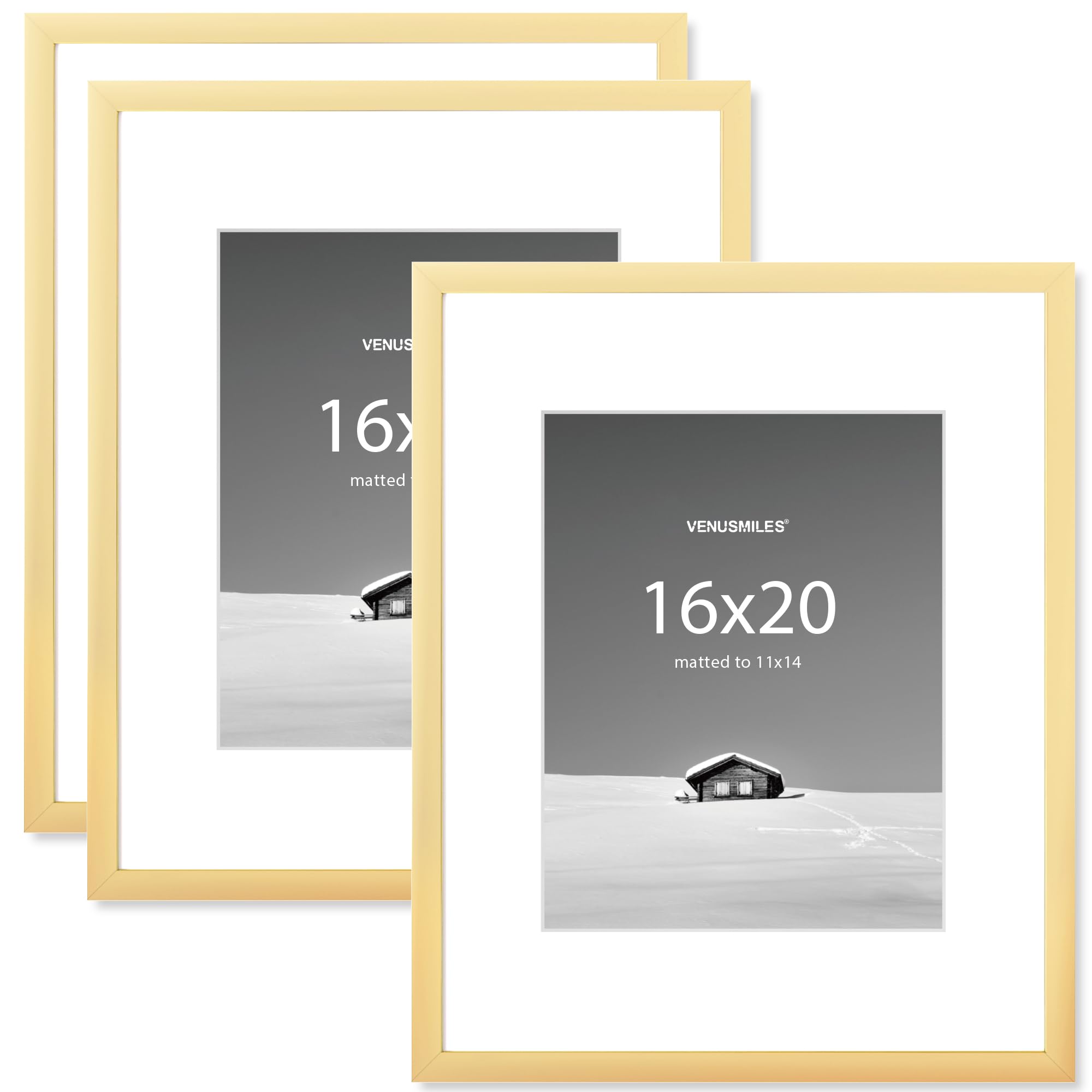 Venusmiles 16x20 inch Picture Frame, 16x20 Photo Frames with 11x14 Removable Mat - High Definition Plexiglass - Vertical and Horizontal Display - Wall Hanging Frame - Gold, 3 Pack Image