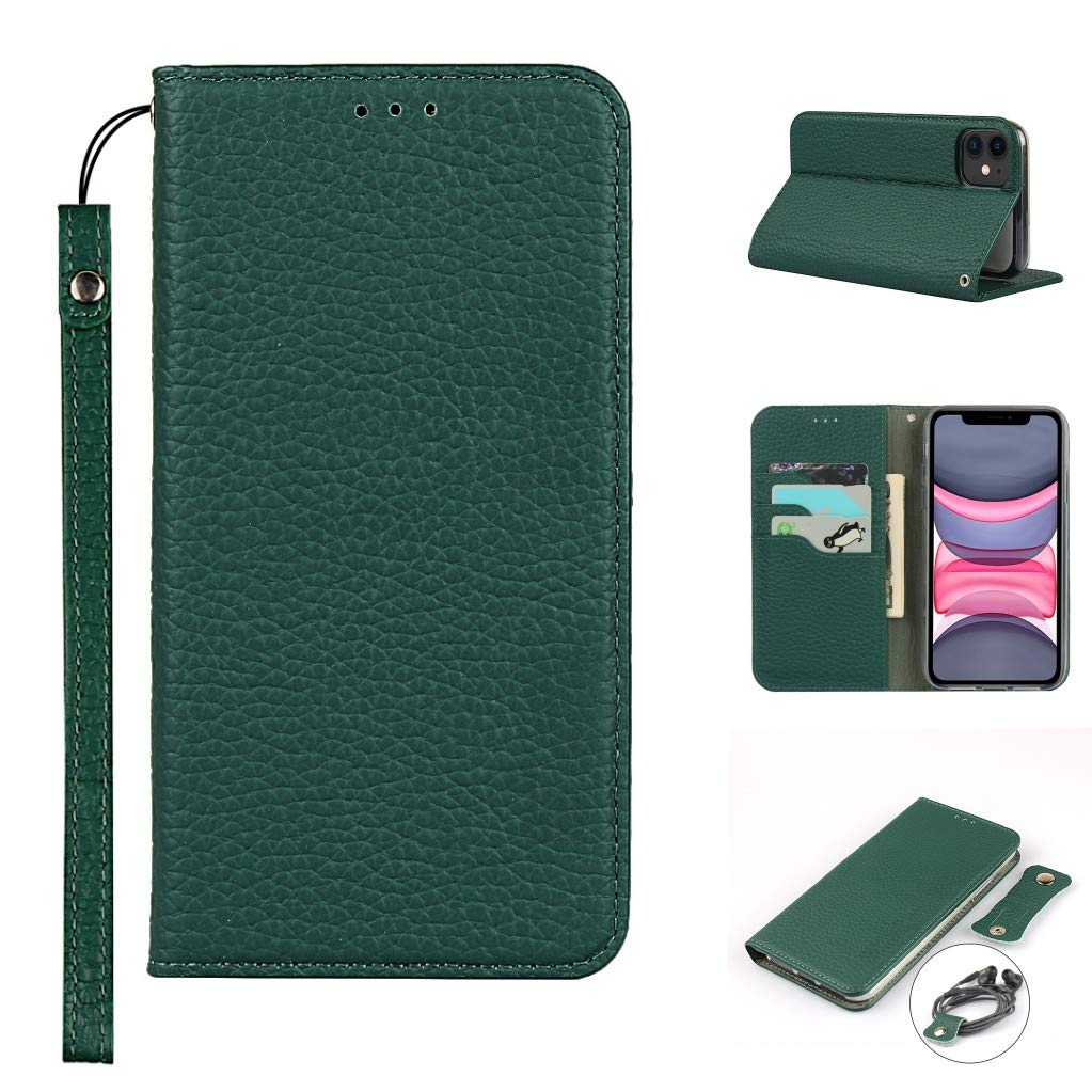 Copmob iPhone 11 Case,Genuine Leather Flip Wallet Case,[3 Card Holders][Magnetic][RFID-Blocking],Protective Phone Case Cover for iPhone 11 - Dark Green