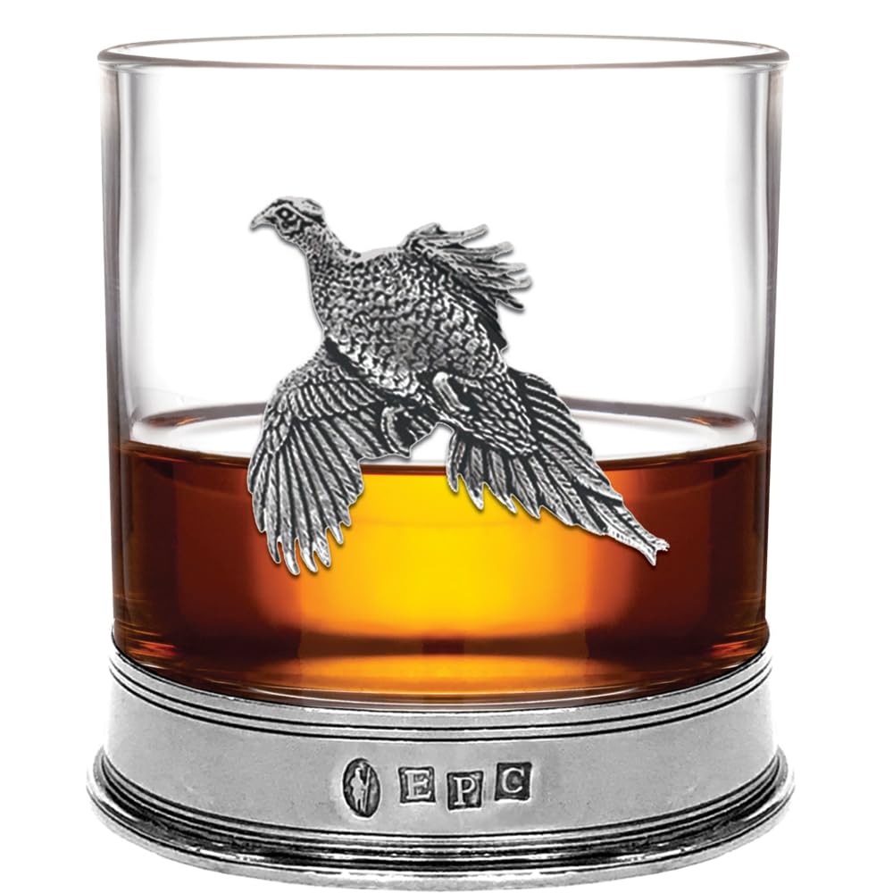 English Pewter Company Whisky Tumbler Glass with Pewter Base and Pheasant Motif [PHS104]