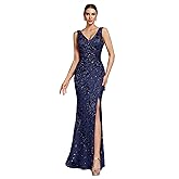 Elegant Long Sequin Formal Dress V-Neck Slit Design, Stretchy Fitted Glamorous