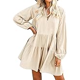 FANCYINN Cute Shift Tunic Dress for Women Ruffle Swing Babydoll Mini Long Sleevee Dress with Pockets