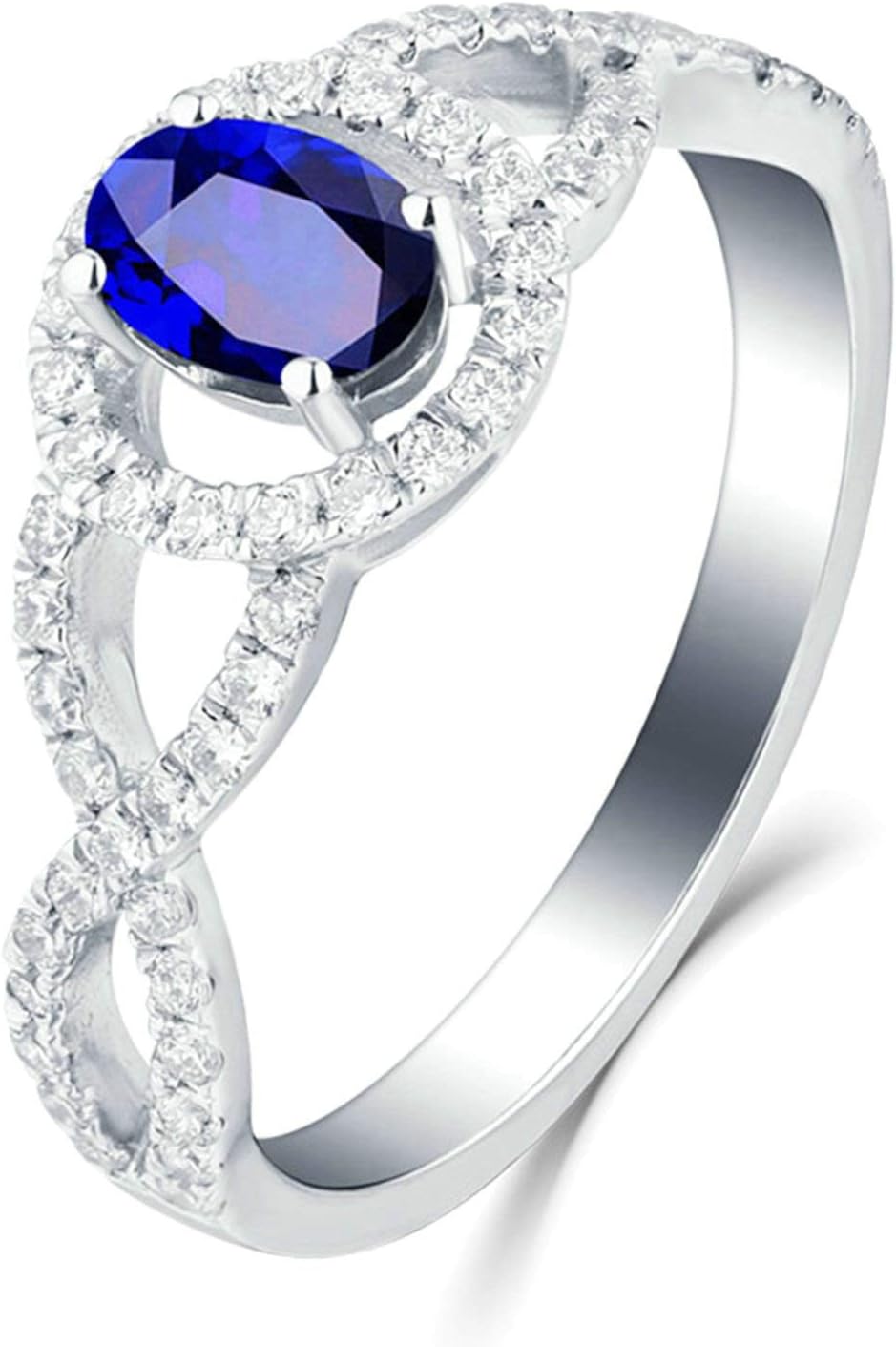 Amody White Gold Ring 18K for Women Oval cut Blue Sapphire Cross Infinity Band Valentines Day Promise Engagement Rings Size H 1/2-V 1/2