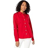 Tommy Hilfiger Women's Solid Button Collared Shirt With Adjustable Sleeves