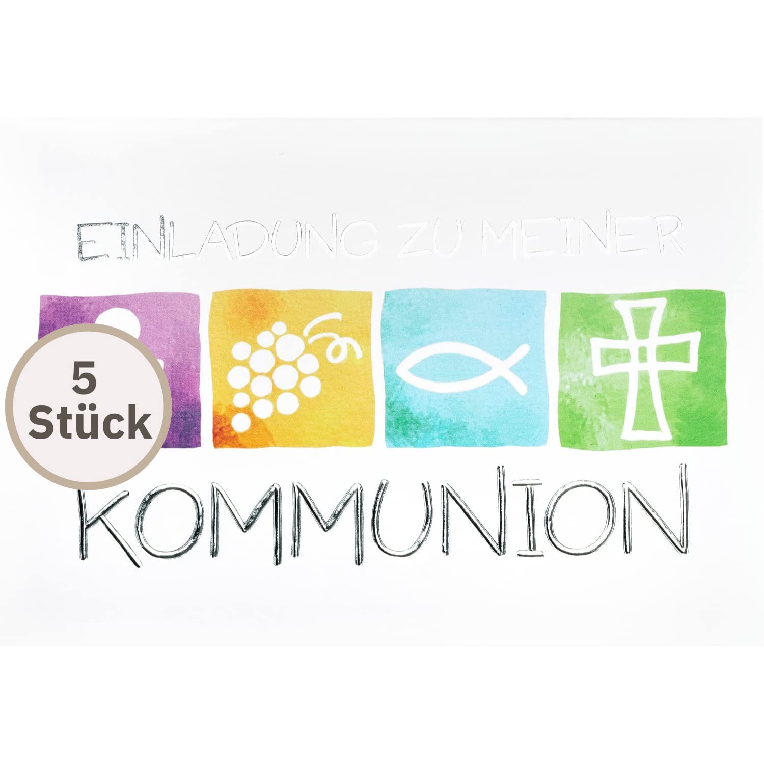 Perleberg 7127302-2 Communion Invitation Card with White Envelope 10.5 x 14.5 cm - Invitation to Communion with Colourful Symbols - Communion Invitation Cards for Girls and Boys - High Quality
