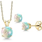 Gem Stone King 14K Yellow Gold Simulated White Opal Pendant Earrings Jewelry Set For Women | 0.80 Cttw | Gemstone October Birthstone | Round Cabochon 6MM | with 18 Inch Gold Chain