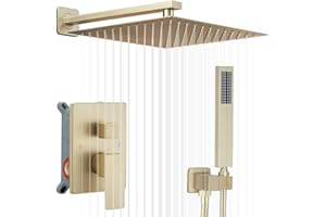 JingGang Brushed Gold Shower System 12 Inch Bathroom Luxury Rain Mixer Shower Combo Set Wall Mounted Rainfall Shower Head and Handheld System Shower Faucet Set Rough-in Valve Body and Trim Included