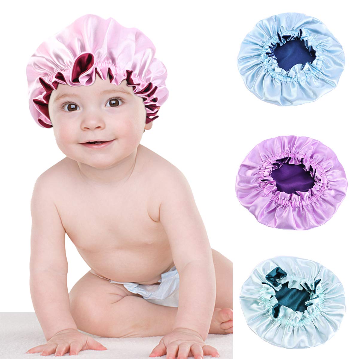 Sonhomay Satin Bonnet for, Silk Bonnet for Sleeping, Sleep Cap with Wide Elastic Band, Breathable Baby Bonnets Night Sleep Caps Pink Bathing Hat for 2-7 Years Old Girls