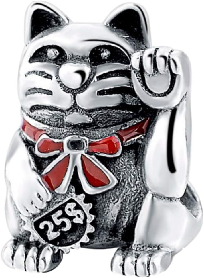 Truly Desired Jewellery - Lucky Waving Cat, 925 Sterling Silver Bead Charms. Free Gift Box. Beads Fit Pandora, Chamilia & Trollbeads Bracelets.