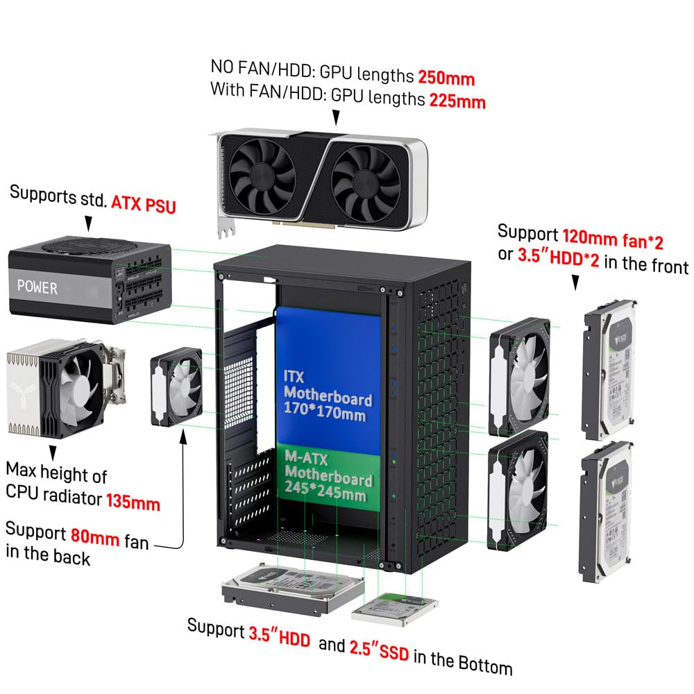Micro ATX Case PC Case: MATX Case Mini PC ITX Desktop Computer Case Support Micro ATX MATX DTX ITX Mini PC with USB3.0, Support 3.5'' HDD (Black)