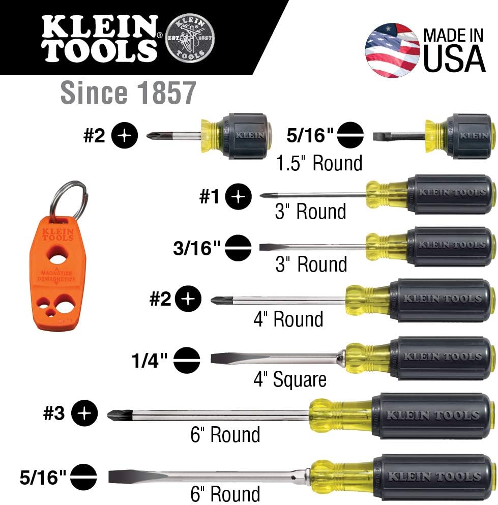 Klein Tools 85148 Screwdriver Set 8pcs Includes Magnetizer / Demagnetizer, 2 Slotted, 4 Phillips, 2 Cabinet Tip, Cushion Grip Comfort - - 