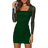 Mizoci Women's Sexy Mesh Long Sleeve Mini Party Dress Bodycon Ruched Short Club Dresses