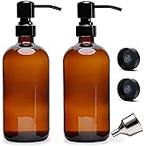 16 Oz Amber Glass Soap Dispenser with Black Pump, Refillable Liquid Hand soap Dispenser for Bathroom, 2 Pack Premium Kitchen Soap Dispenser