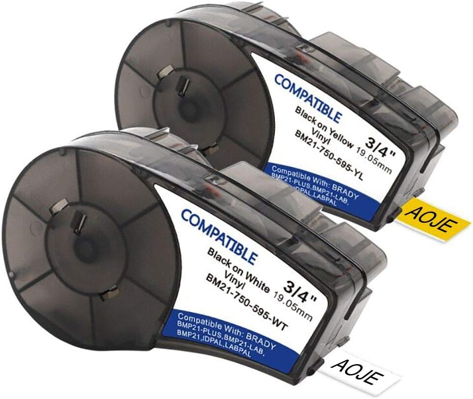 AOJE Compatible Label Tape Replacement for BM21-750-595-WT YL, 0.75" x 21' High Adhesion Vinyl Film Label Cartridge, Black on White and Black on Yellow Tapes Work with 21-Plus 21-LAB, 2-Pack