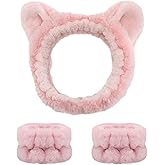 JazSwirl Face Wash Headband and Wristband Set, 3 Pcs Skincare Headband and Wristband Set 1 Face Wash Headband 2 Face Wash Wristbands, Cute Animal Ears Plush Headbands for Washing Face (Pink Cat, 1)