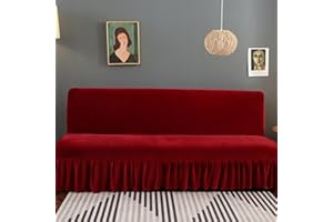 SFYZ HOME Velvet futon Cover,Armless Soft Plush Futon slipcover with Ruffle Skirt,Stretch Futon Sofa Bed Cover for Home Office Hotel (red Wine,L:70-77in)