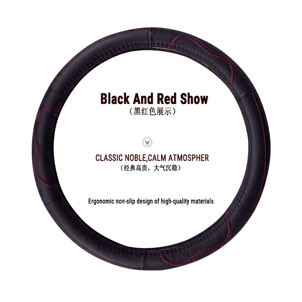 Movement Fashion Genuine Leather Car Steering Wheel Cover Fits 38cm 15 inch Auto Steering Breathable Anti Slip Skidproof- Black&red