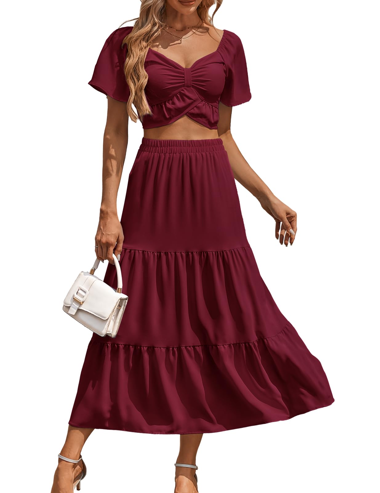 Photo 1 of DRESSTELLS Women's Outfit 2 Piece, Top Skirts Sets 2025, Casual Top & Long Flowy Skirt, Vacation Cocktail Party Church Dress Burgundy M