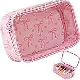 Pink Bow Clear Makeup Bag PU Leather Cosmetic Bags Small Travel Pink Bow Bag Toiletry Preppy Portable Makeup Organizer Pouch Transparent Nylon Travel Cosmetic Case with Zipper for Women Girls