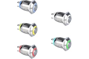 DMWD 5pcs 12mm Metal Waterproof Momentary Push Button Switch High Round Cap Silver Shell 1/2" Mounting Hole 12V-24V (ON)-Off 4Pins 1NO Halo Ring Mix Color (Blue/Red/Green/Yellow/White)