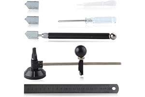 LEONTOOL 7 Pcs Glass Cutter Tool Set Includes Adjustable Circular Glass Cutter 2-20 mm Oil Feed Carbide Tip with 3 Bonus Blad
