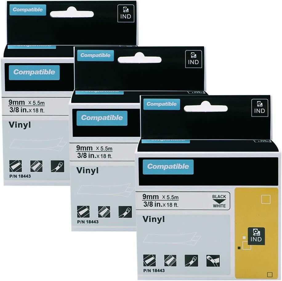 Aonomi Compatible Industrial Label Tapes Replacement DYMO 18443 Permanent Vinyl Label Tapes 3/8", for DYMO Rhino 4200 5200 5000 6000 Label Maker, Black on White, 3/8 Inch x 18 Feet,3-Pack