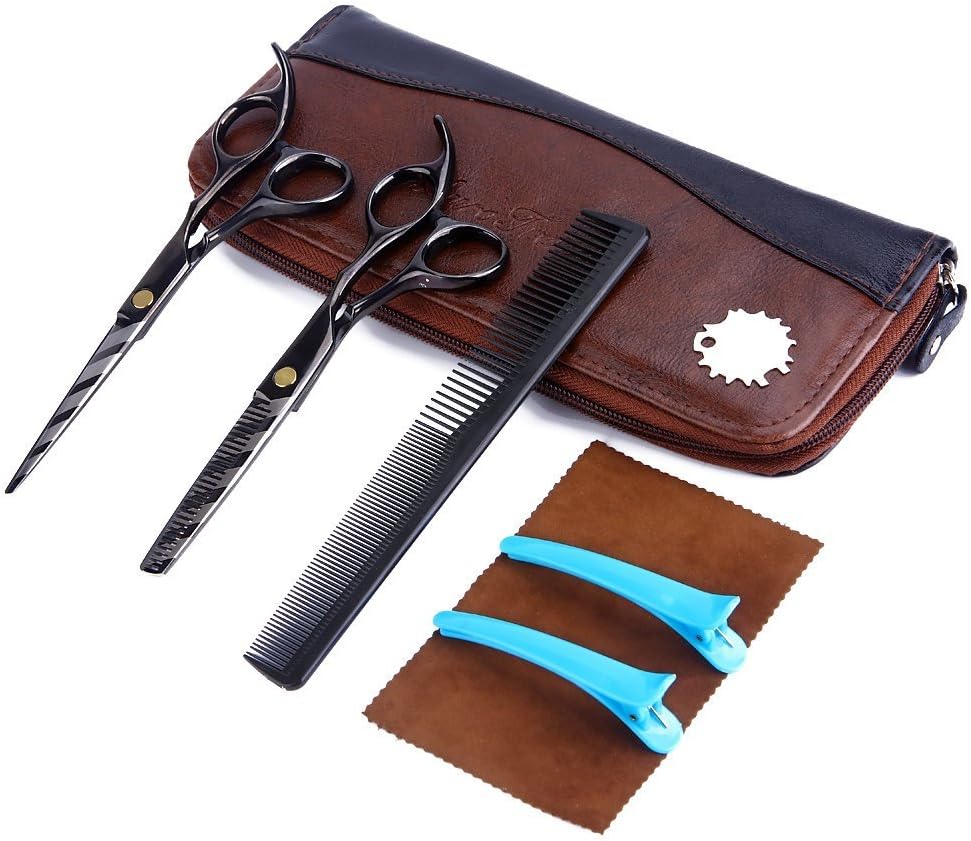 AuroTrends Professional Barber Razor Edge Hair Cutting Shears Set,Hairdressing Scissors and Hair Thinning Scissors/Shear Set+ Free Case/Hairclips/Comb/Cleaning Cloth (Black Stripe)