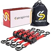 Strapinno 4pcs Retractable Ratchet Straps Bundle 1in x 6ft Ratchet Tie Down with Rubber Coated Steel Handle, S Hooks, Breaking Strength 1500 lbs Each (Red Strap, Black Coated Buckle)
