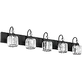 Ralbay Modern Crystal Black 5-Light Bathroom Vanity Light, Matte Black Crystal Bath Wall Light Fixtures