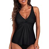 Hilor Women's Underwire Tankini Top Bathing Suit Front Twist V-Neck Swimsuit