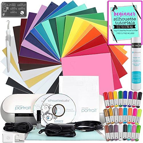 Silhouette Cameo Mini (Portrait) Starter Bundle with 24 Oracal 651 Sheets, Transfer Paper, Guide, 24 Sketch Pens, and More