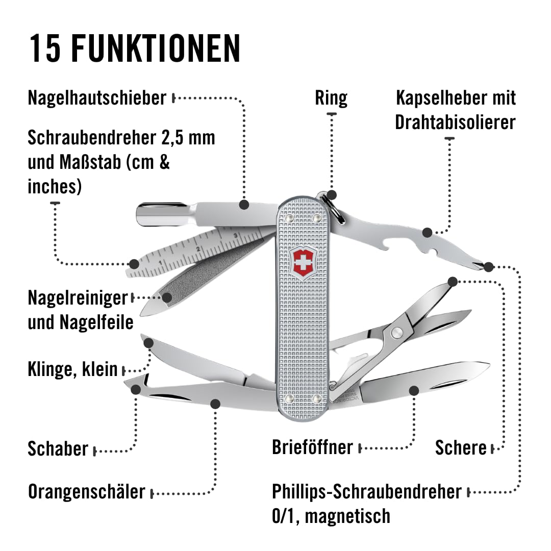 Victorinox Schweizer Taschenmesser Mini Champ Alox, Klein, 15 Funktionen, Swiss Made, Multitool mit Brieföffner, Kapselheber, Drahtabisolierer, Silber 4