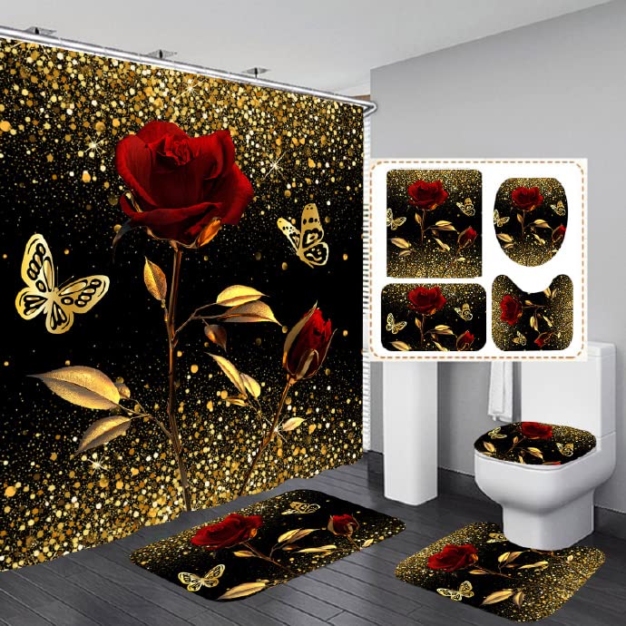 Photo 1 of **MISSING PARTS**
RinRinfam 4Pcs Gold Rose Shower Curtain Set, Gold Star Sparks Butterfly Curtain with Non-Slip Rug,Toilet Lid Cover,U Shape Mat,Curtain with 12 Hooks Bathroom Decor Sets,Black 72"×72"