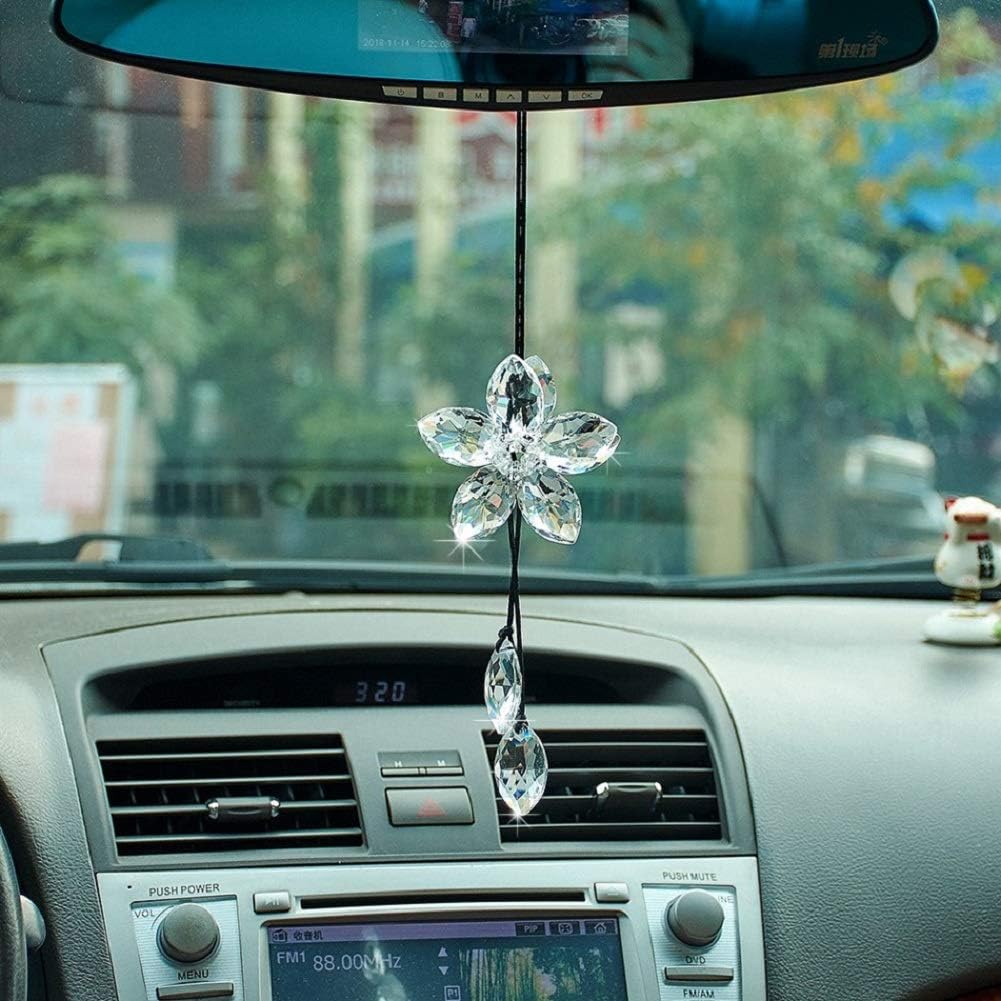 UR URLIFEHALL Crystal Flower Car Hanging Ornament Car Rear View Mirror Pendant Car Accessories Home Decor (White)
