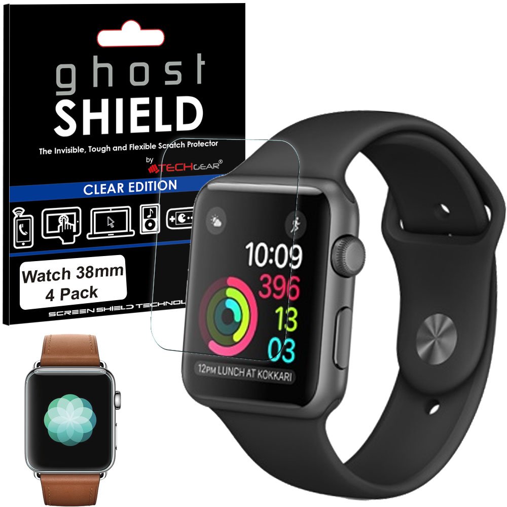 TECHGEAR [4 Pack] Screen Protectors to fit Apple Watch 38mm [ghostSHIELD Edition] Genuine Reinforced Flexible TPU Screen Protector Guard Covers with Full Coverage inc Curved Screen [Series 3 2 1]